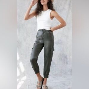 Anthropologie dark olive green satin joggers size XS